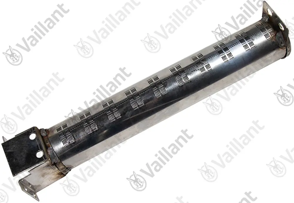 Edelstahl-Stabbrenner von Vaillant mit perforierter Oberfläche und seitlicher Befestigung. Verwendet in Heizsystemen zur Wärmeproduktion.